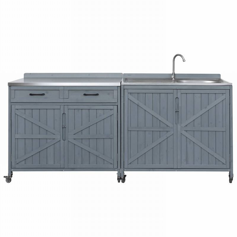 2-Piece Outdoor Kitchen Island Set with Stainless Steel Top and Sink, Drawer and Cabinets for Outdoor Storage w/ Wheels