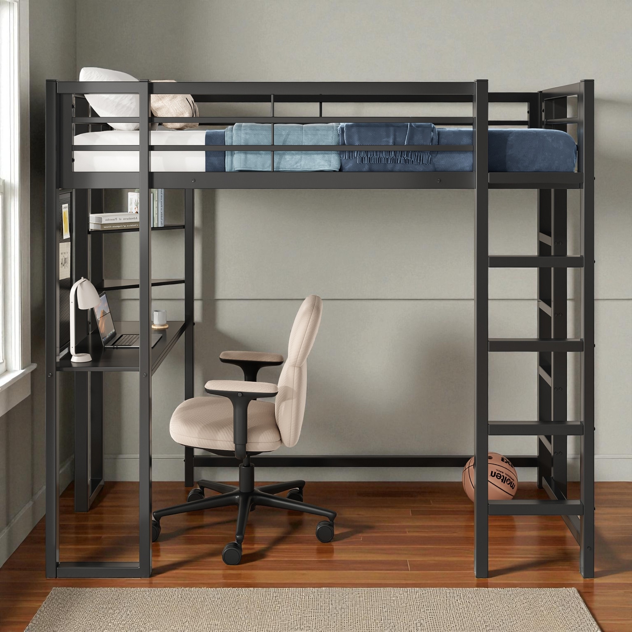 Twin Size Metal Loft Bed with Desk, Storage Shelves & Ladder, Space-Saving Workstation Loft Frame for Teens & Kids
