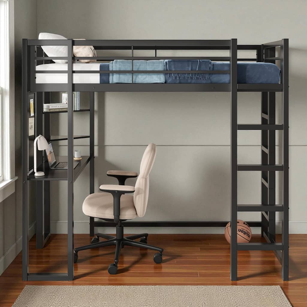 Twin Size Metal Loft Bed with Desk, Storage Shelves & Ladder, Space-Saving Workstation Loft Frame for Teens & Kids