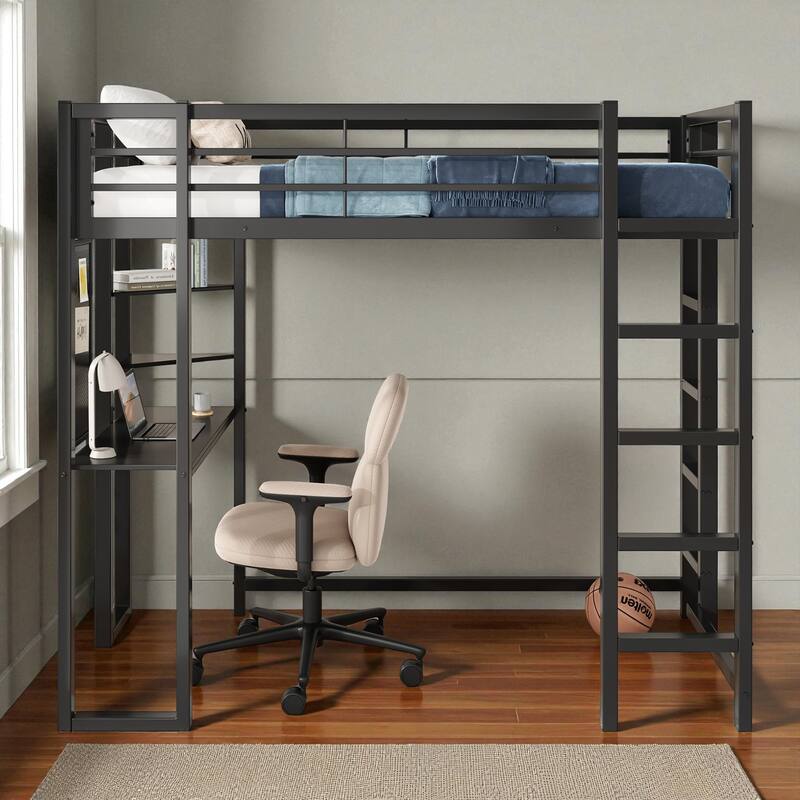 Twin Size Metal Loft Bed with Desk, Storage Shelves & Ladder, Space-Saving Workstation Loft Frame for Teens & Kids - Black - Twin