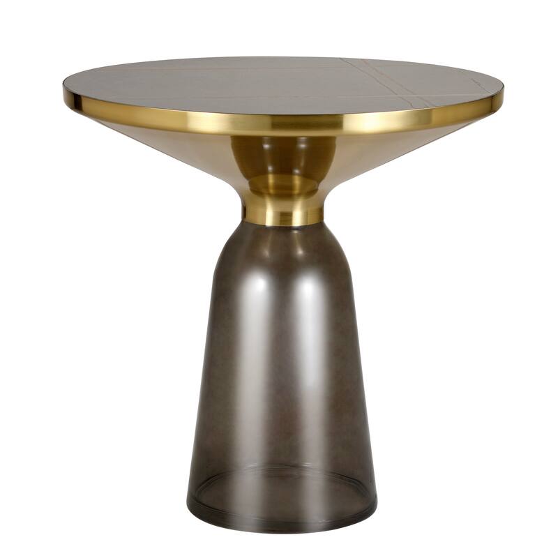 19-Inch Side Table Round Glass/Stone Tabletop End Table with Gold Iron Rim and Glass Base