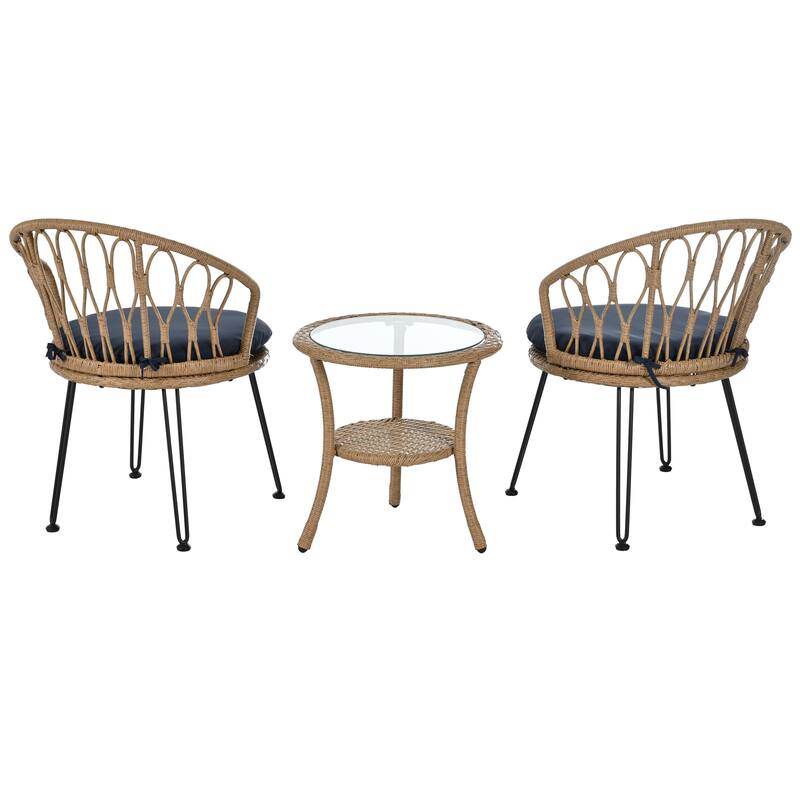 Outdoor Leisure Set,2 Rattan Chairs and Glass Table,Perfect for Patios,Balconies and Courtyards