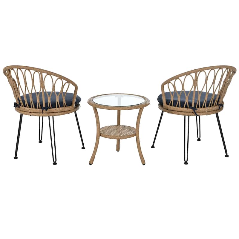 Outdoor Rattan Chairs with Glass Round Table for Patios (Set of 3)