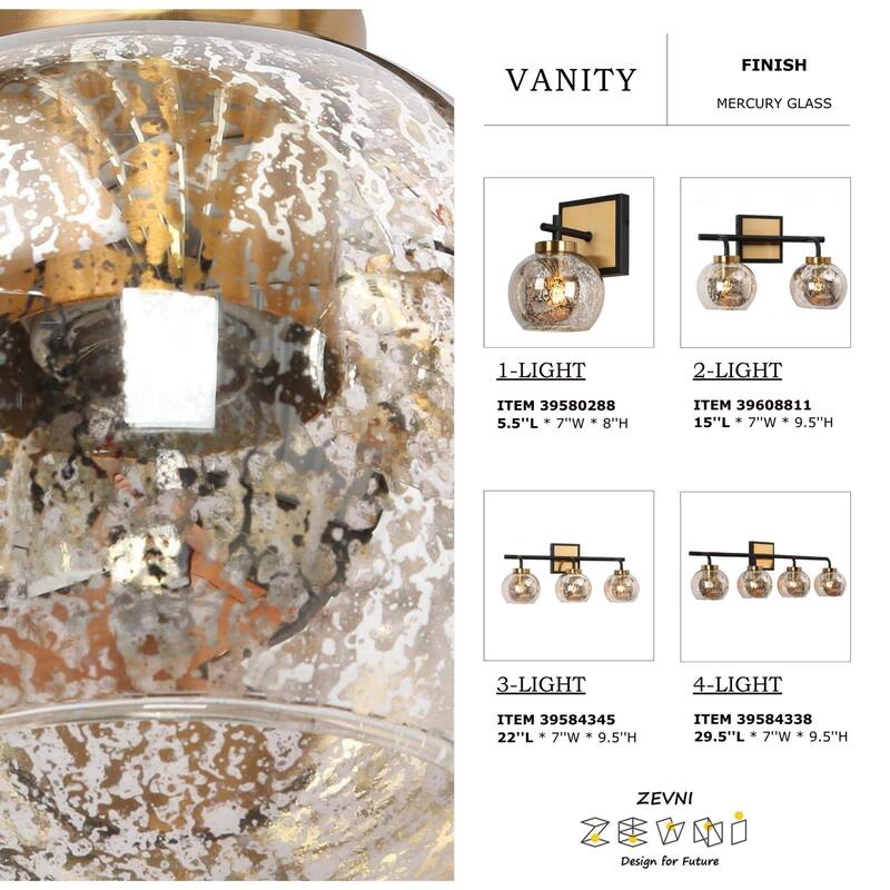 Ziv Modern 3-Light Black Gold Bathroom Vanity Lights with Mercury Globe Glass Shades