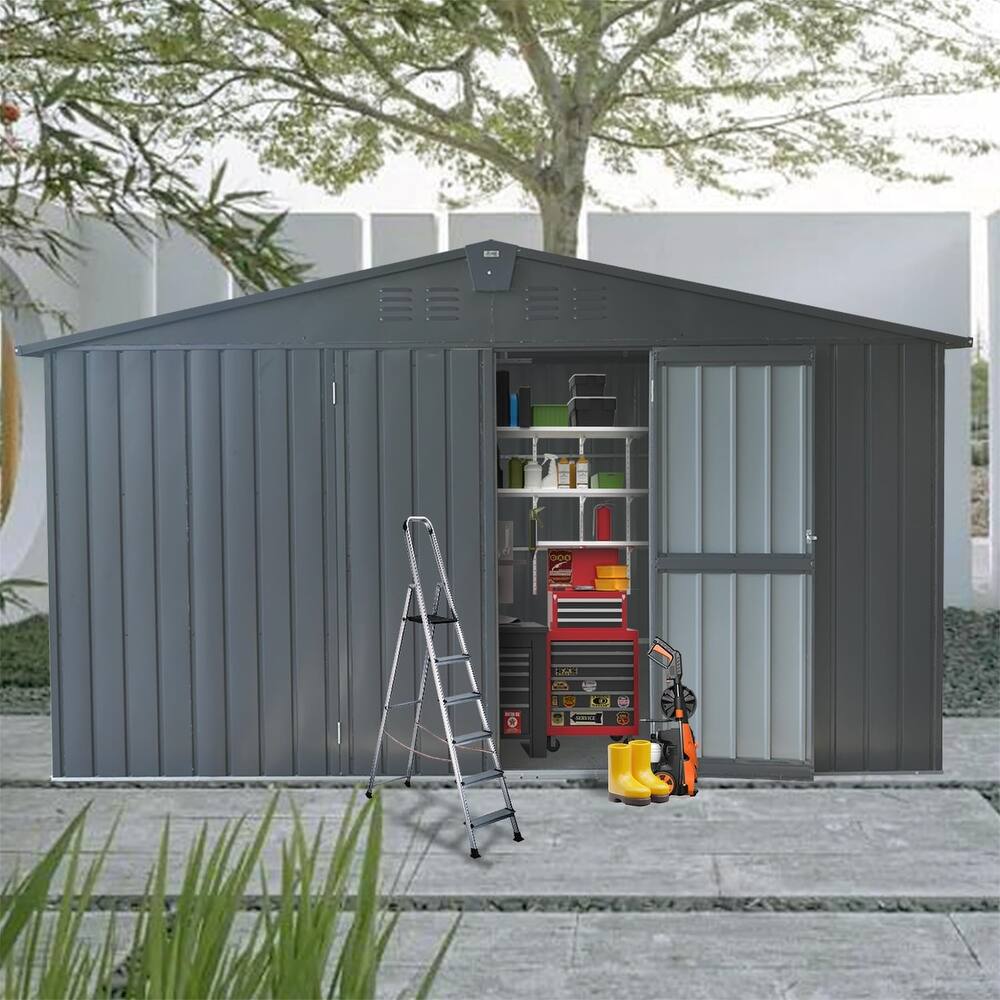 GDFStudio - Summit Galvanized Steel Backyard Storage Shed with Windows and Lockable Door