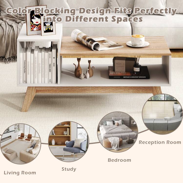 White-Natural Engineered Wood MDF Coffee Table with Stepped Storage and Compartments - 43" x 19" x 21"