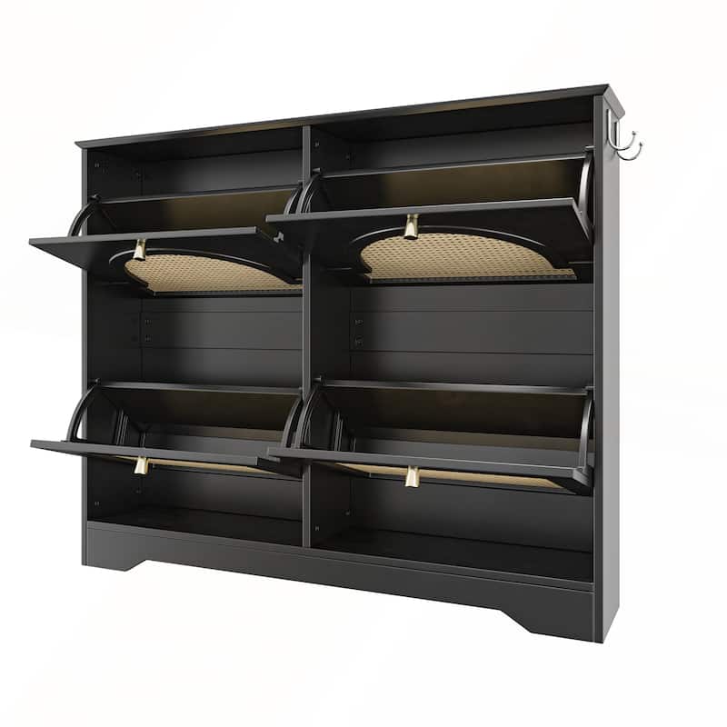 Mid-Century Narrow Design Tipping Bucket Shoe Cabinet with 4 Flip Drawers with Rattan Doors and Hooks