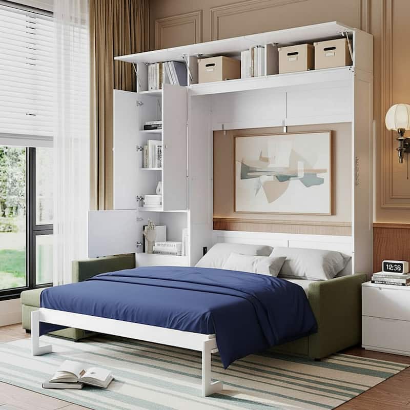 Queen-Size Convertible Murphy Wall Bed with Built-In L-Shaped Sofa & Storage Cabinet System by Harper&Bright Designs