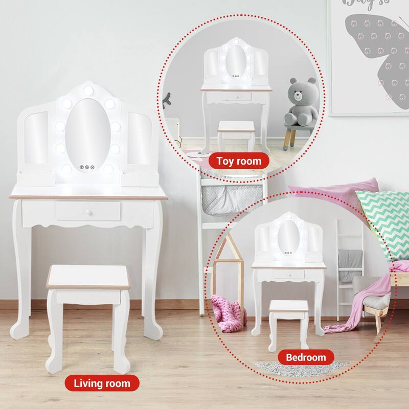 Kids Makeup Vanity Table Set with Stool, Dressup Playset for Girls Best Gift