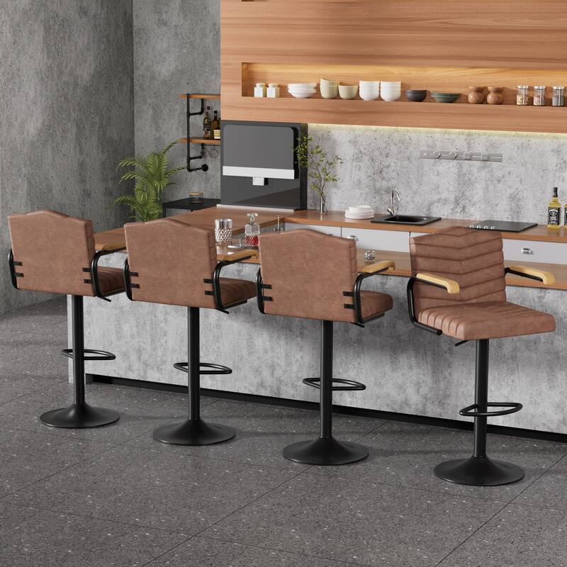 Javlergo 2-Piece & 4-Piece Adjustable Height Bar Stools Brown PU Leather with Armrests Arc Footrest Base for Kitchen or Bar