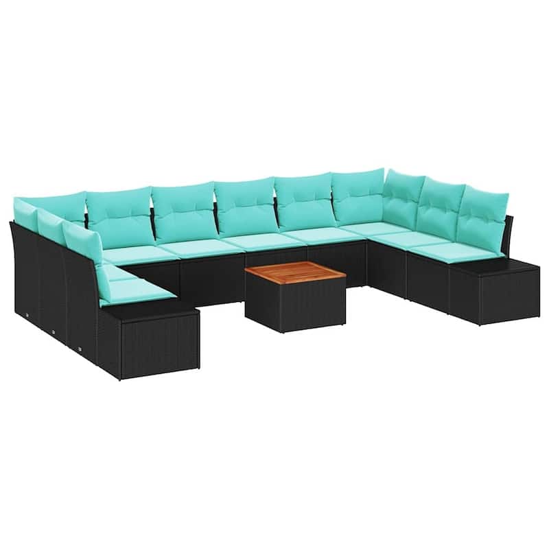 vidaXL 11 Piece Garden Sofa Set with Cushions Black Poly Rattan Acacia - 135.4×82.3×27.2