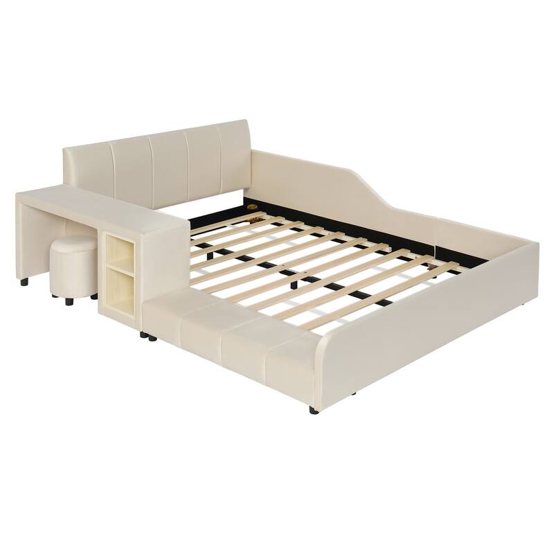 Full Size Upholstered Grounded Bed, Mother & Child Bed with Bedside Desk and Little Round Stool, Velvet