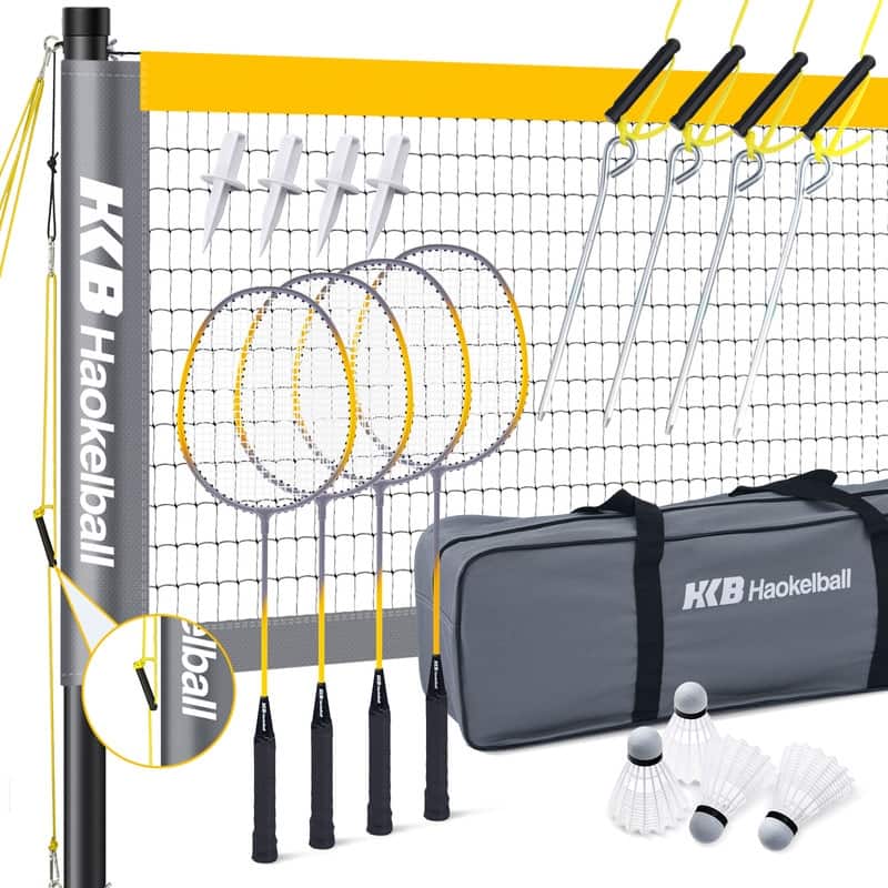 Haokelball Professional Badminton Set with Net Tension Adjuster, 4 Rackets, 4 Nylon Shuttlecocks, and Carry Bag - Gray