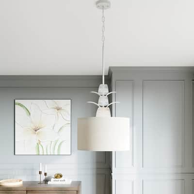 Acroma 4 - Light Whitewashed Drum Chandelier with Palm Leaf Detailing and Fabric Shade