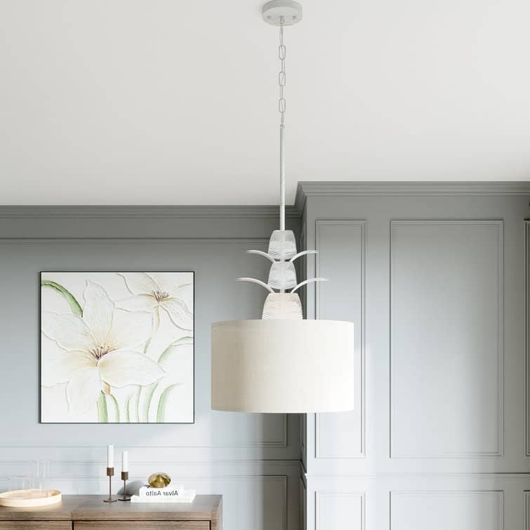 Acroma 4 - Light Whitewashed Drum Chandelier with Palm Leaf Detailing and Fabric Shade
