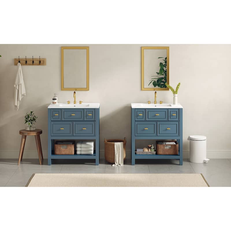 60'' Bathroom Vanity With Ceramic Sink Combo, Free Standing Single Vanity Set With 5 Drawers,Solid Wood FrameStorage Cabinet