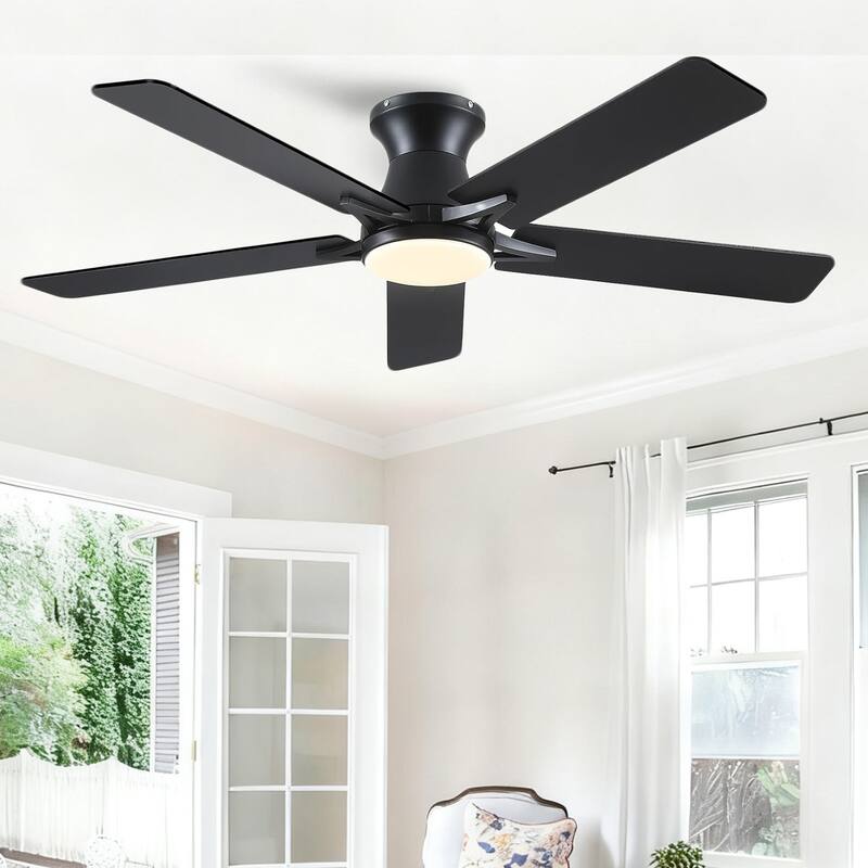 52 Inches Flush Mount Modern Quiet Ceiling Fan with Light and Remote APP Control 5 Dual Side Blades for Living Room Bedroom
