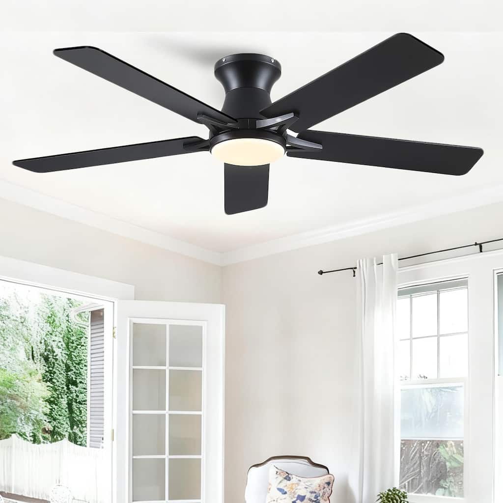 52 Inches Flush Mount Modern Quiet Ceiling Fan with Light and Remote APP Control 5 Dual Side Blades for Living Room Bedroom