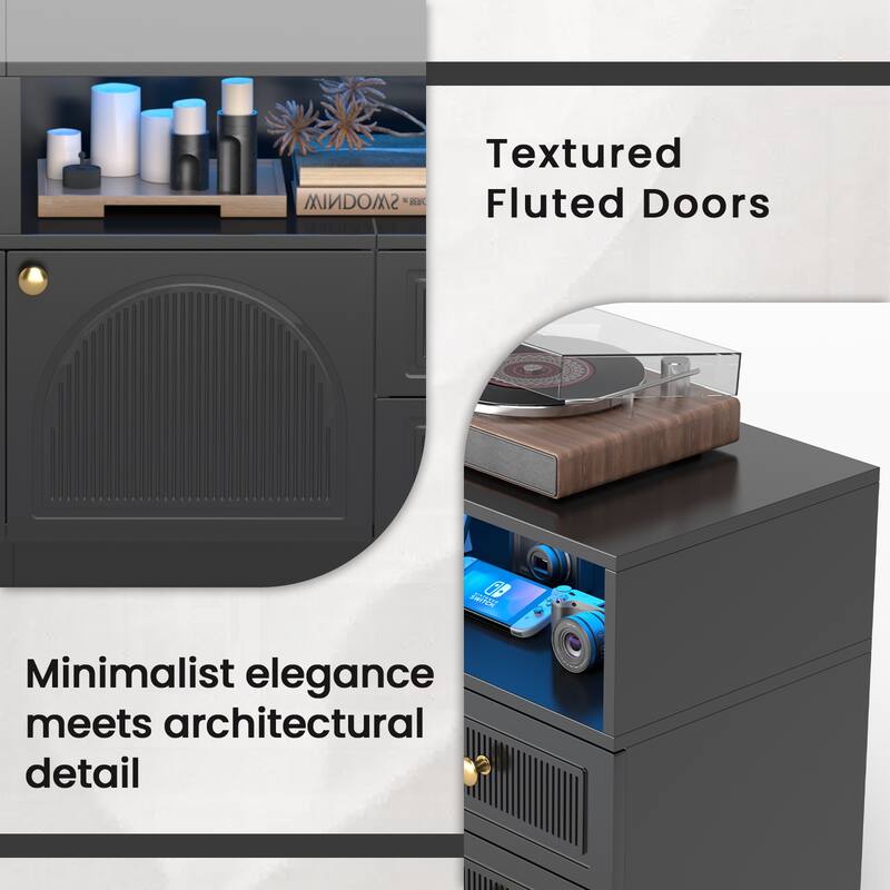 Meyreso 86.6" Modern LED Lighted TV Stand with 4 Open Shelves and Storage Cabinets