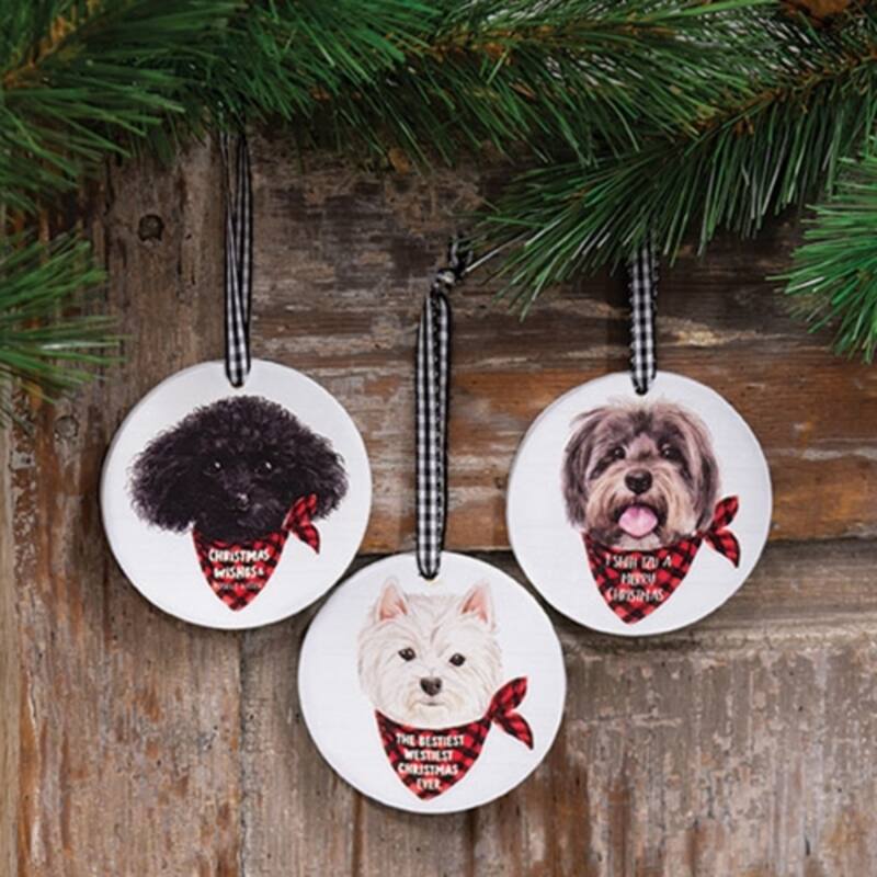 Dog Breed Christmas Tree Ornaments Wooden Round Poodle Shih Tzu and Westie Decorations 3 Asstd. - 3" Dia x 0.25”Depth