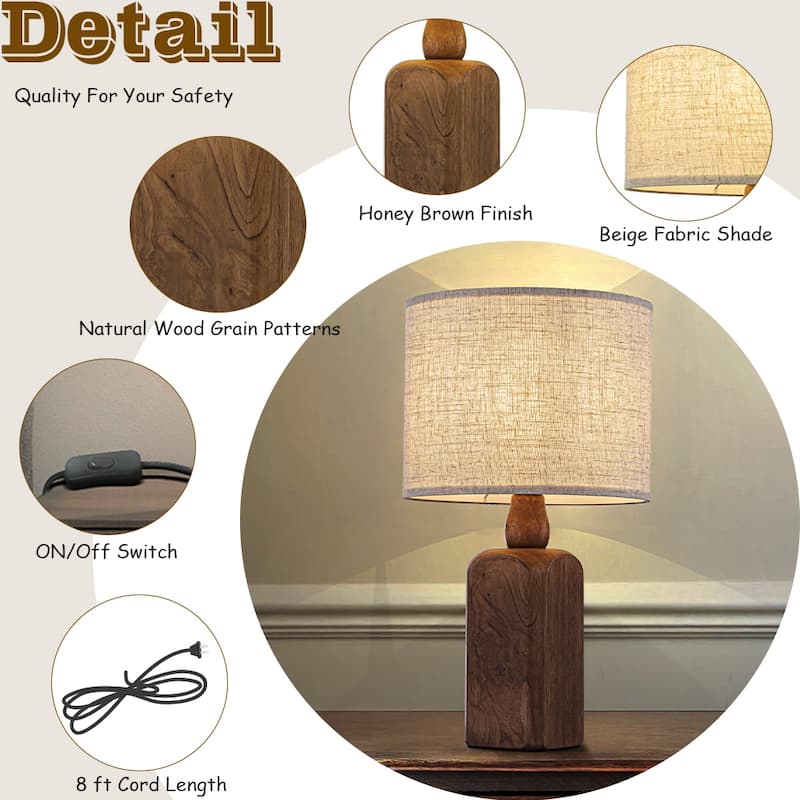 18''/22''Farmhouse Traditional Natural Solid Wood Table Lamp with Beige Fabri Drum Shade for Bedroom Living Room