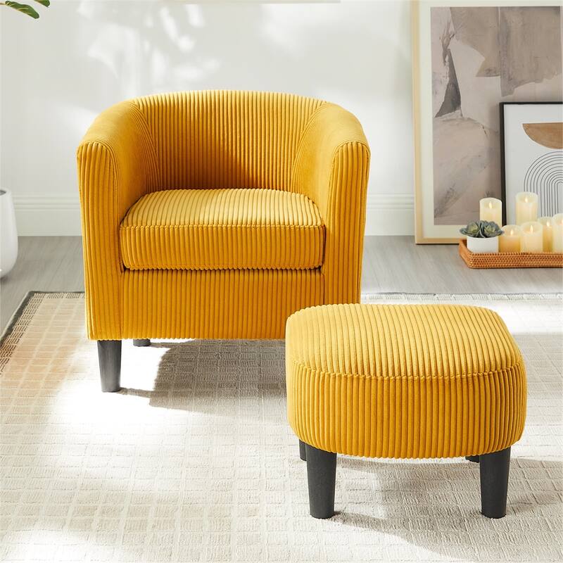 Modern Fabric Upholstered Accent Chair with Ottoman Foot Rest - Yellow