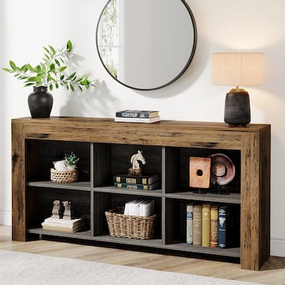 Long Console Table, Rustic Wood Entryway Table with 6 Storage Cubes