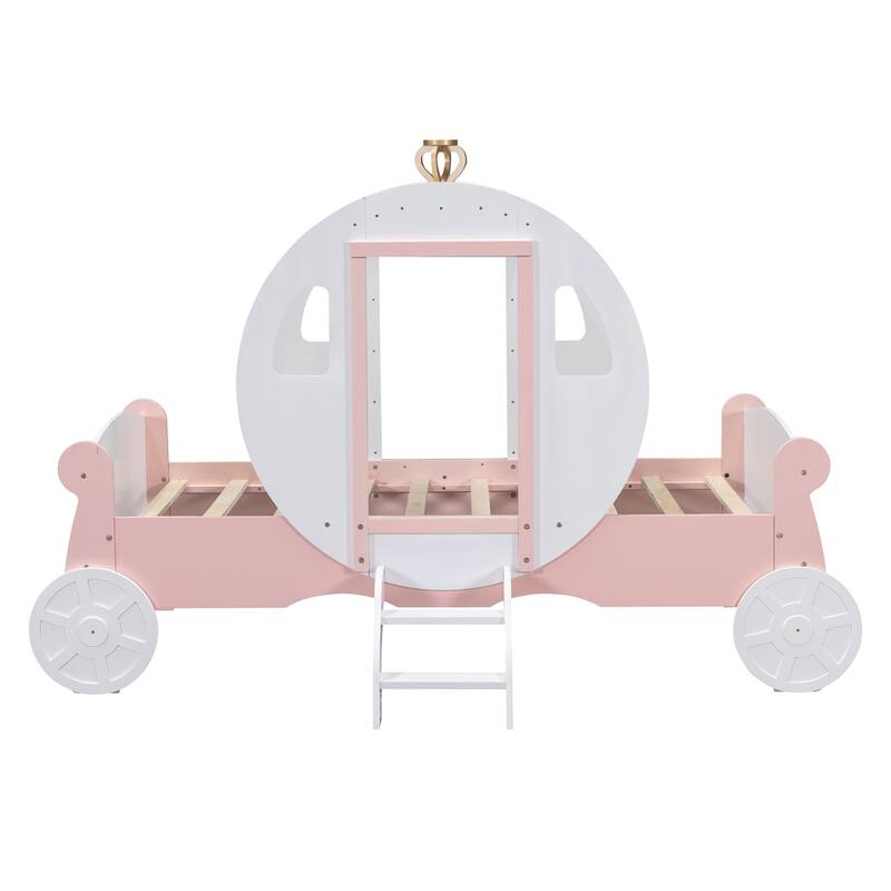 Twin Size Princess Carriage Wood Platform Car Bed with Crown and Stair - White and Pink