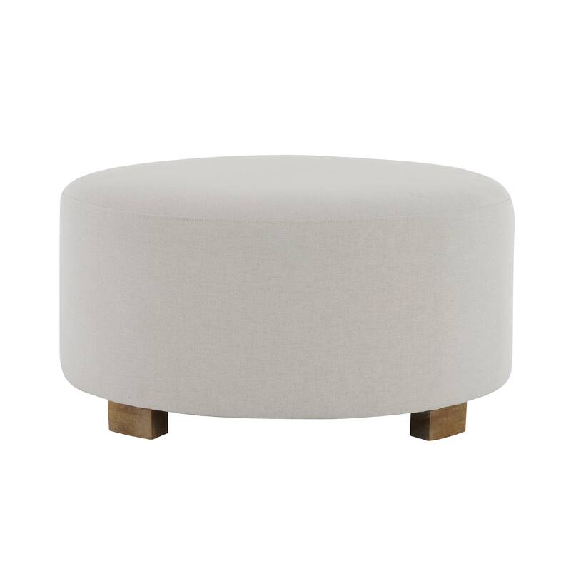 Roomfitters Round White Fabric Ottoman with Wooden Legs, Modern Minimalist Footstool
