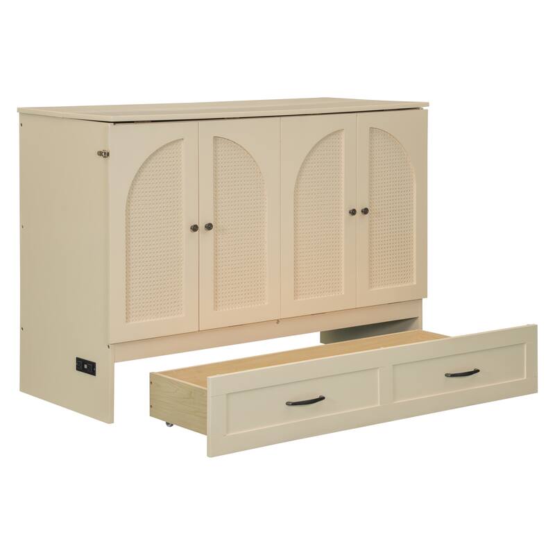Full Size Murphy Bed Cabinet with Charging Station & A Large Drawer, Foldable Pull Out Wall Bed for Apartments, Bedrooms, Studio