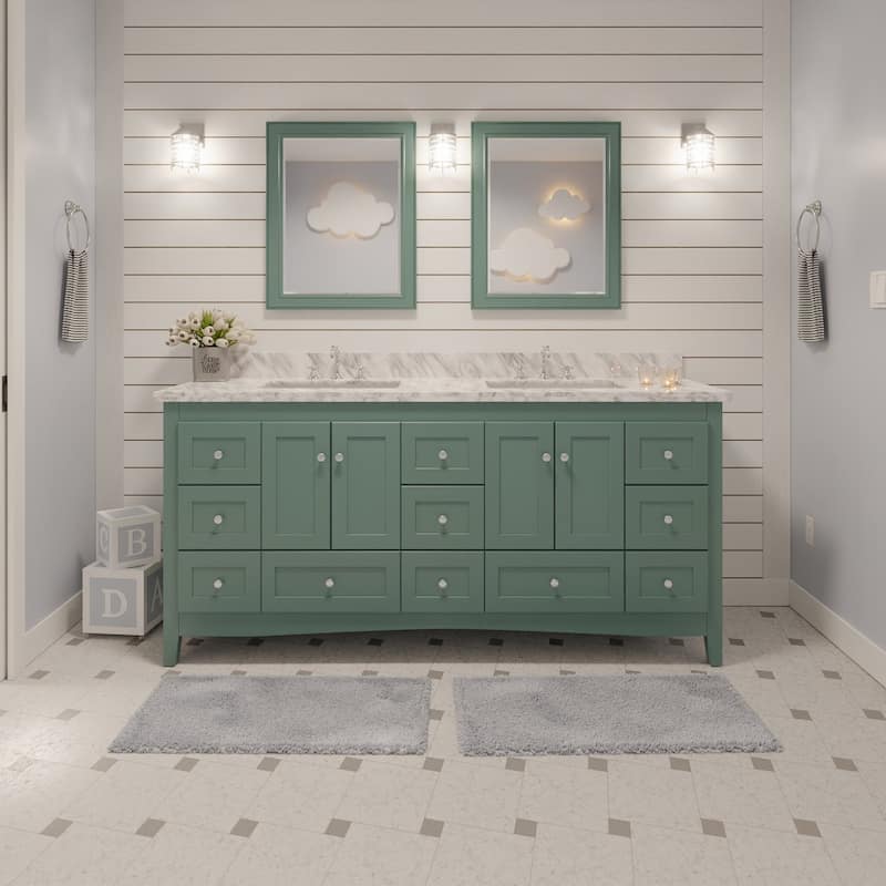 KitchenBathCollection Abbey 72" Double Bathroom Vanity with Carrara Marble Top - Sage Green