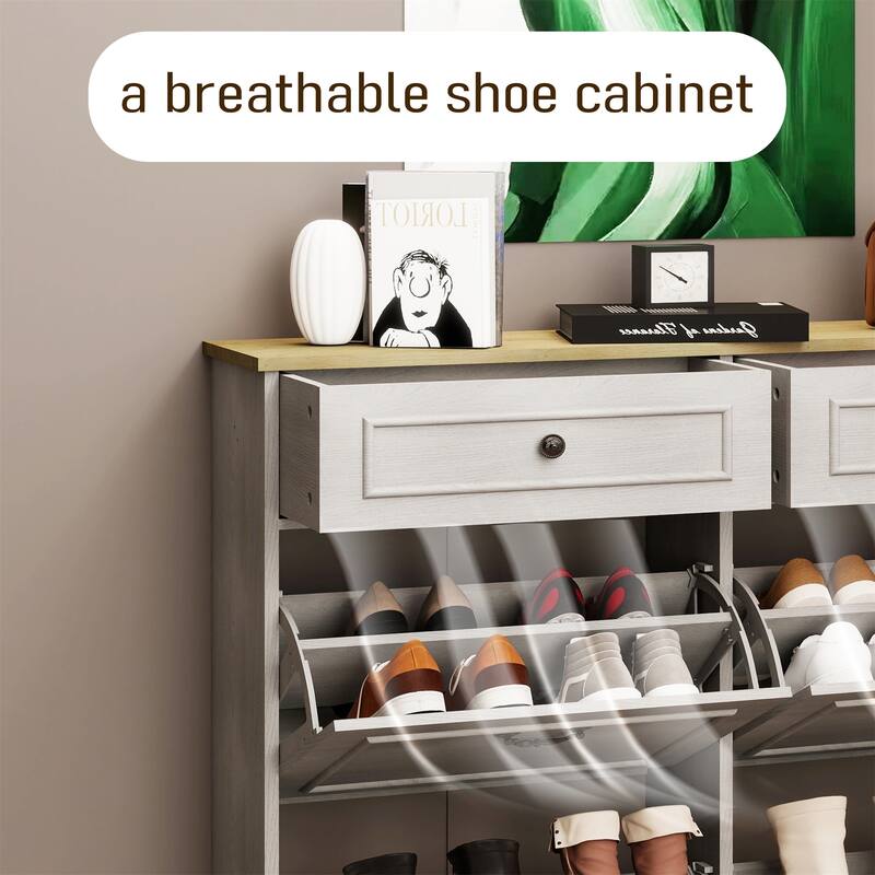 Freestanding Shoe Cabinet with 4 Flip-Down Drawers and 2 Shelves