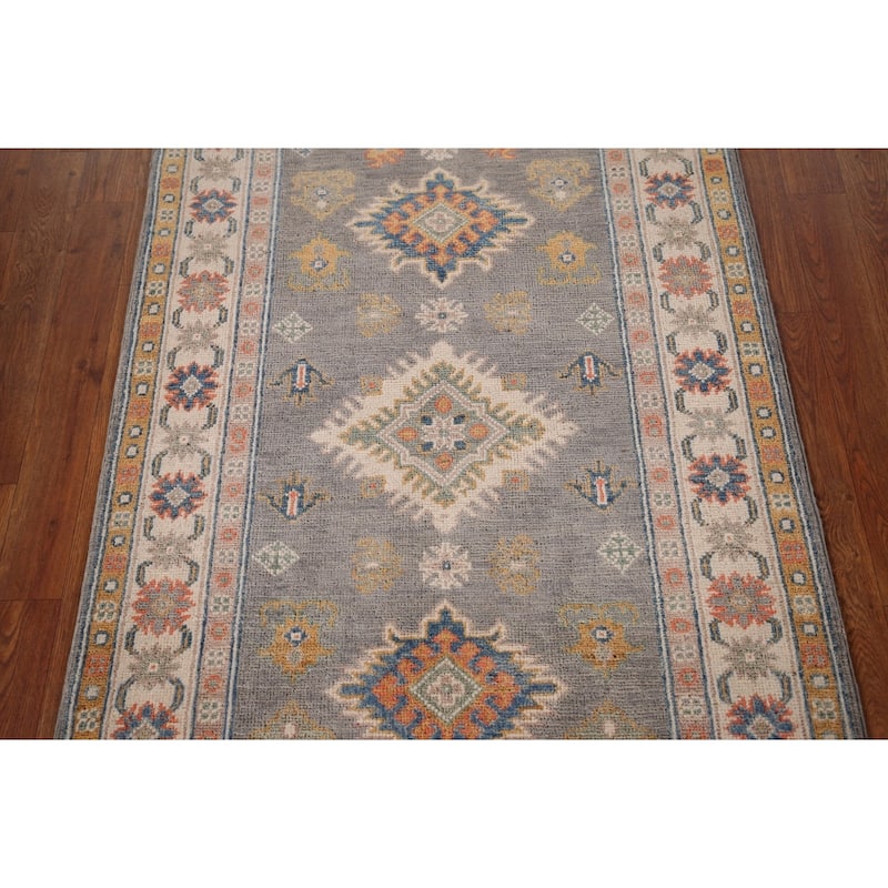 Grey Geometric Kazak Runner Rug Handmade Wool Carpet - 2'10" x 9'10"