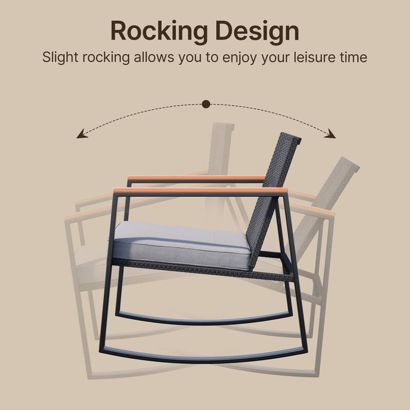 3 Pieces Rocking Patio Bistro Set with Anti-Scald Armrest, Outdoor Patio Wicker Furniture Set with Glass Table and Cushion