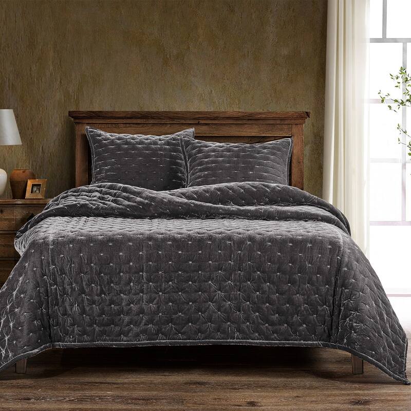HiEnd Accents Stella Solid Color Faux Silk Velvet Romantic Modern Rustic 3 Piece Quilt Set with Pillow Shams - Slate - King