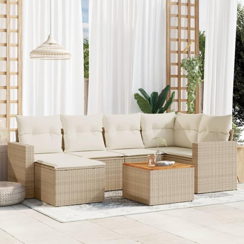 vidaXL Patio Sofa Set with Cushions Outdoor Furniture 7 Piece Poly Rattan - 21.7 x 21.7 x 14.6 - Beige and cream