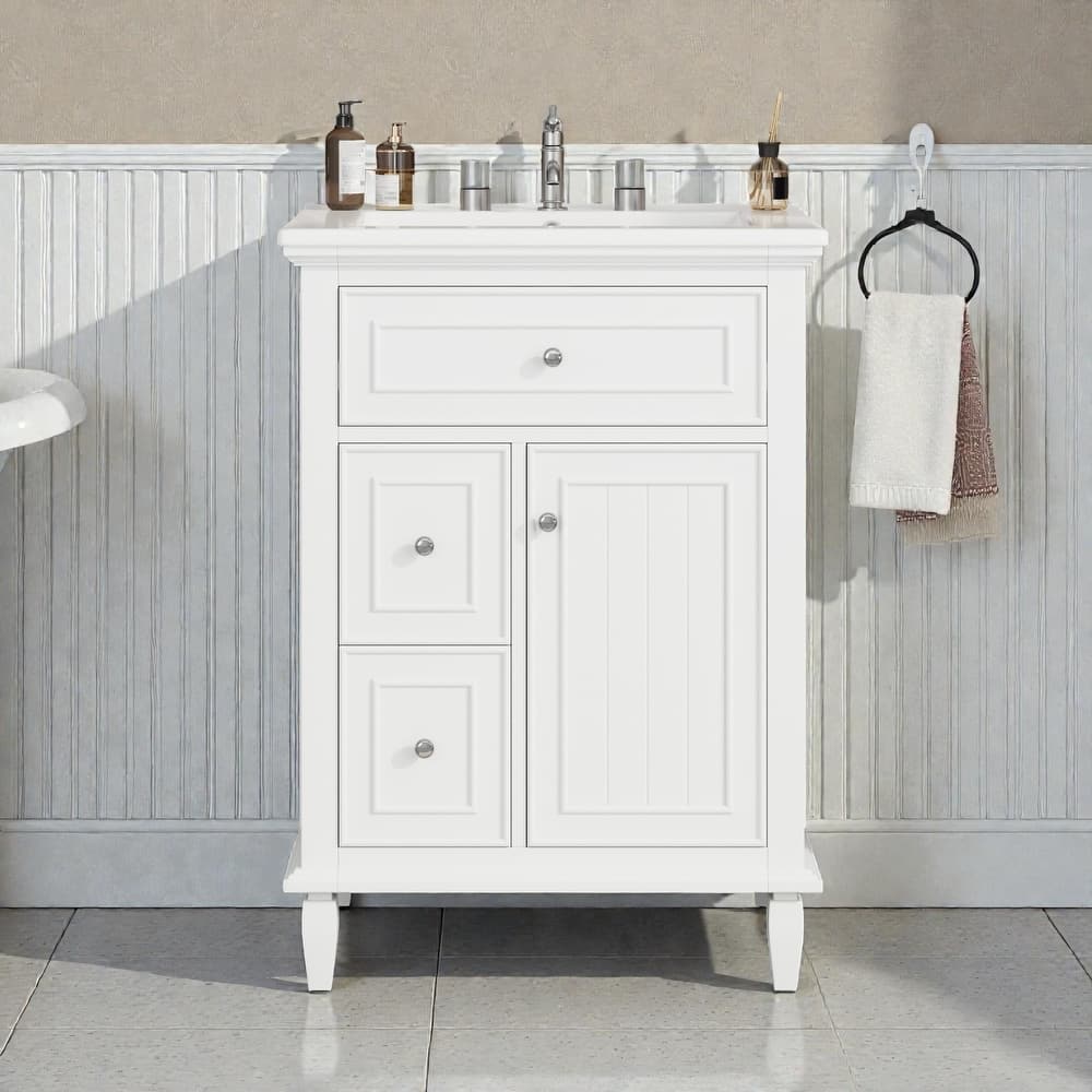24" Bathroom Vanity with Sink, Flip Drawer & 2 Drawers, Solid Wood Frame, Adjustable Shelf, Ceramic Top
