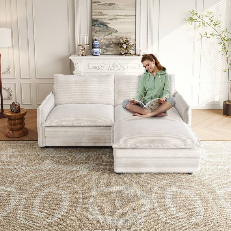 75" Corduroy Sectional Sofa with Ottoman, 2-Seater