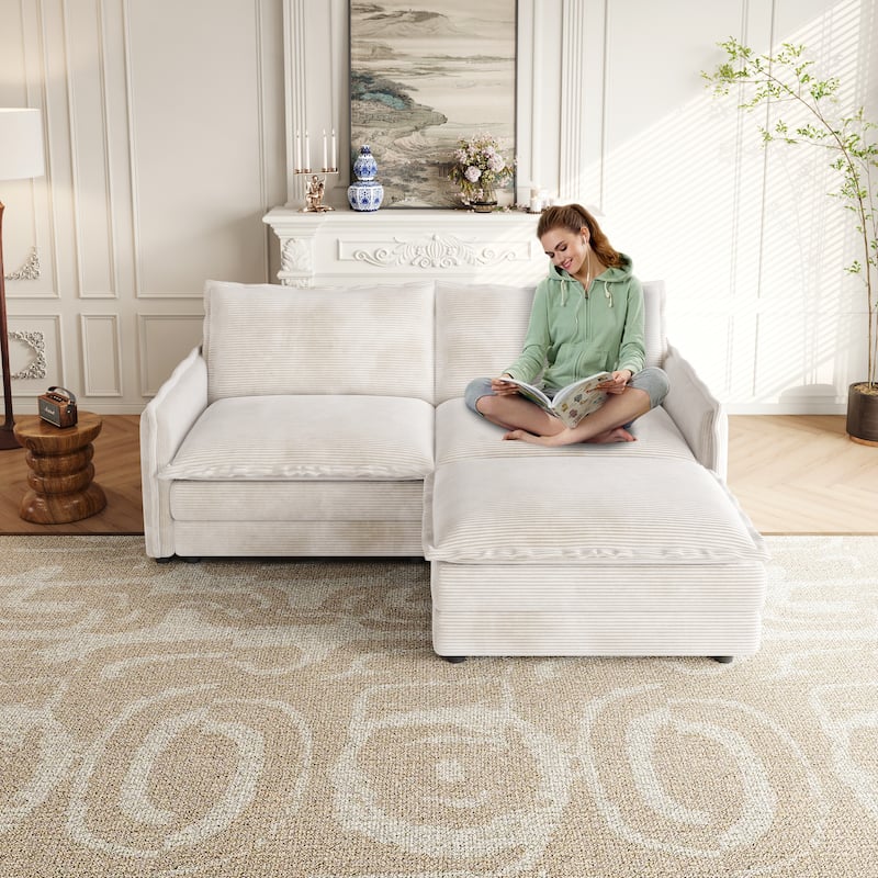 Corduroy Upholstered 2 Seater L Shaped Couch 75" Deep Seat Loveseat Sofa with Ottoman
