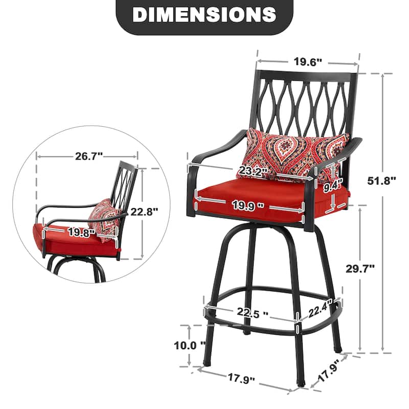 Patio 2-Piece Swivel Bar Stools with Red Cushions, Black