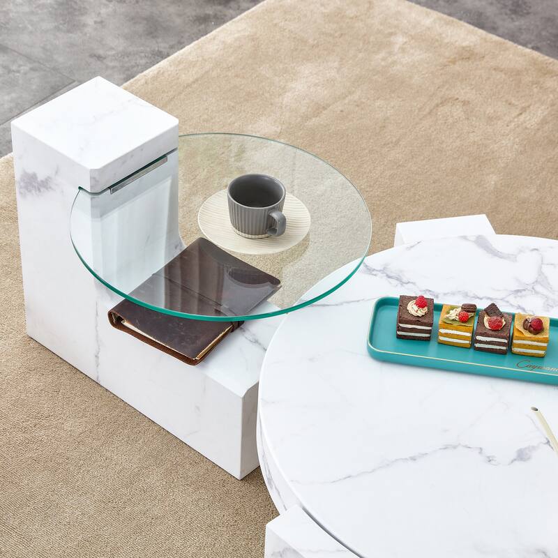 Double-Layer Round Coffee Table, Transparent Glass Top with L-Shaped Legs, Detachable Design Modern Center Table
