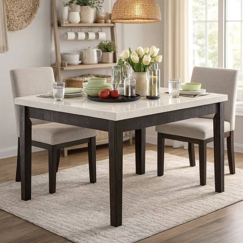 Wooden Counter Height Table With Marble Top, White and Black