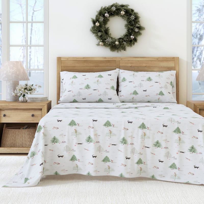 Linery & Co. Turkish Cotton Double-Brushed Christmas Flannel Bed Sheet Set - Full - Winter Cats