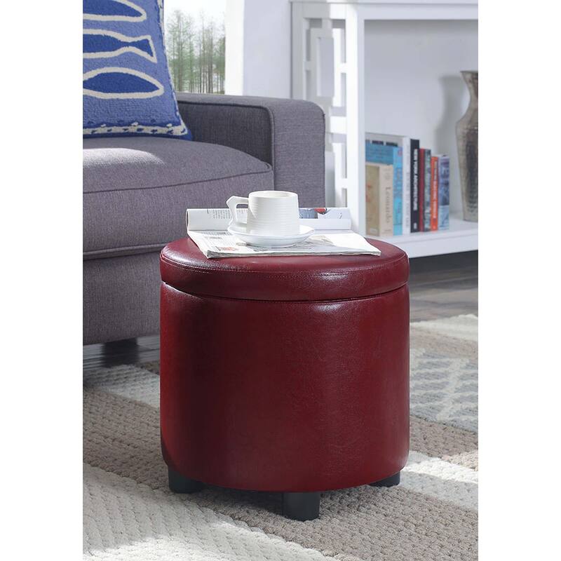 Convenience Concepts Designs4Comfort Round Accent Storage Ottoman with Reversible Tray Lid - Burgundy Faux Leather