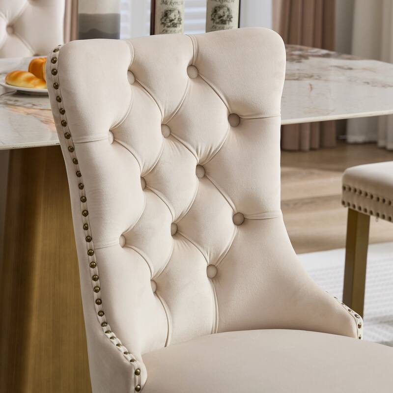 Velvet Dining Chairs Set of 2, Tufted Dining Chairs with Nailhead Trim, Kitchen Chairs with Lion Head Pulls Ring & Wooden Legs