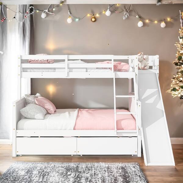 slide 2 of 8, Space-Saving Twin over Full Bunk Bed Rubber Wood Bunk Bed with Slide and 2 Storage Drawers White