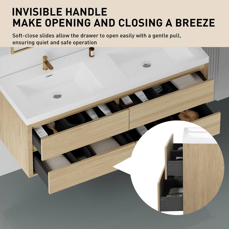 GDFStudio - Maxwell Floating Bathroom Vanity with Stone Resin Countertop & Soft-Close Drawers