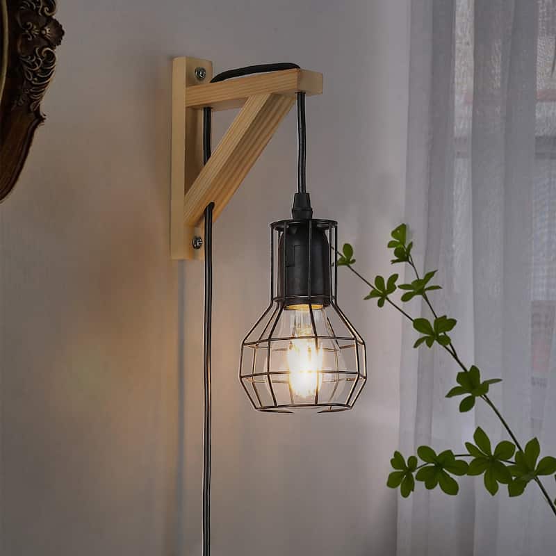 Modern Industrial Plug in Cord Cage Wall Lamp Lift Pipe - Black Wood Retro Rustic Pendant Lamp Adjustable Hanging Wall Light