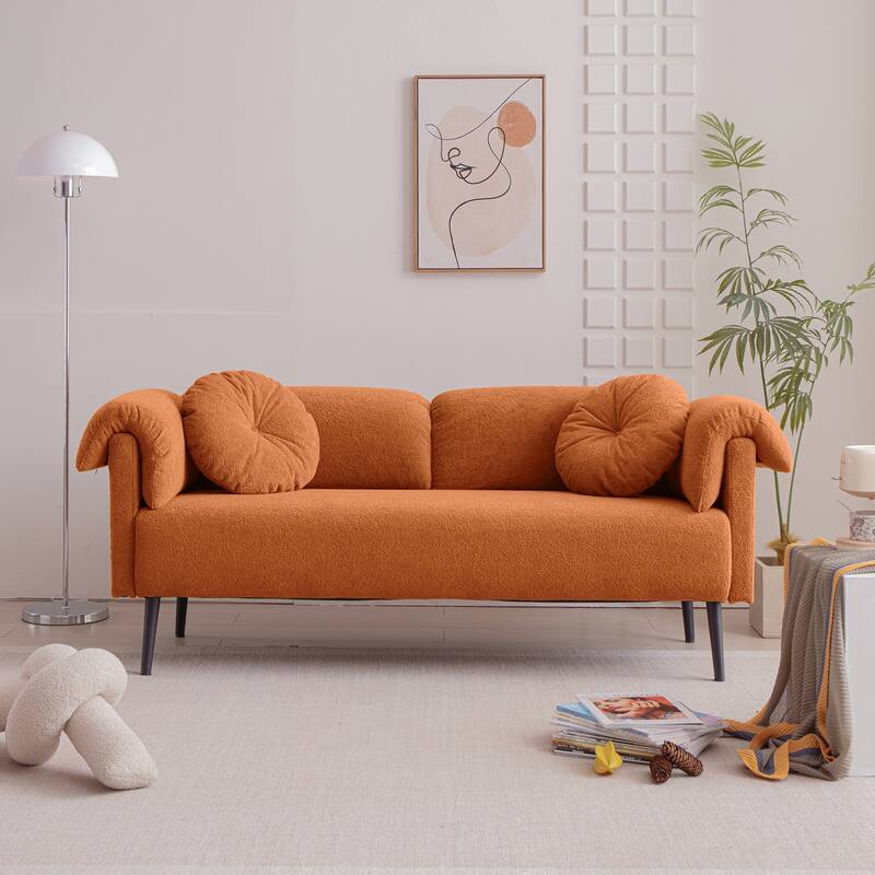 Modern Faux Lamb Wool Sofa with 2 Throw Pillows - Orange