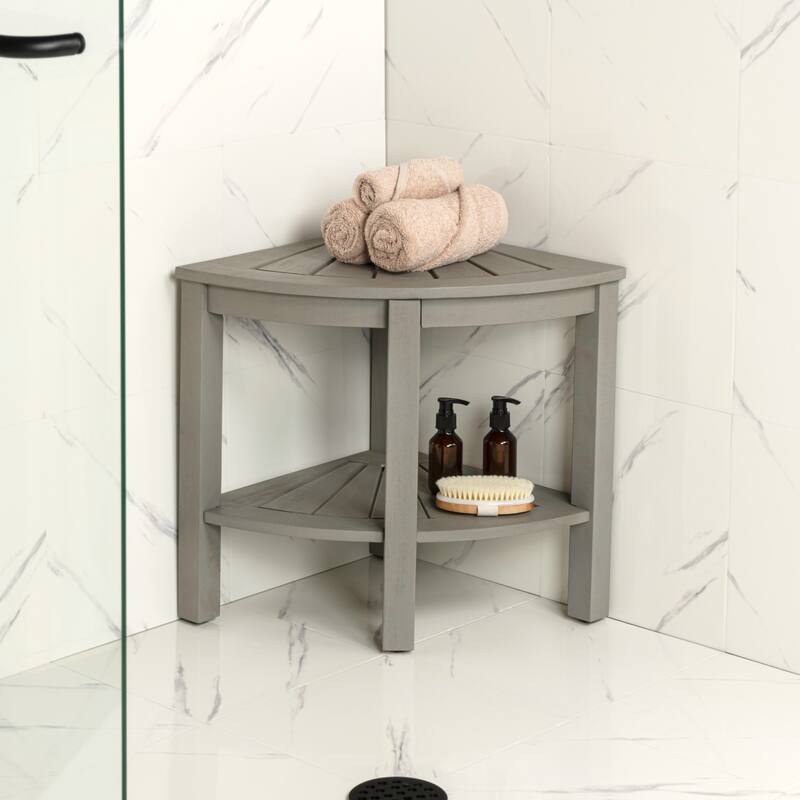 Maris 18" Solid Acacia Wood Indoor/Outdoor Corner Shower Bench with Shelf, By JONATHAN Y - 15.94L x 15.94W x 18.11H
